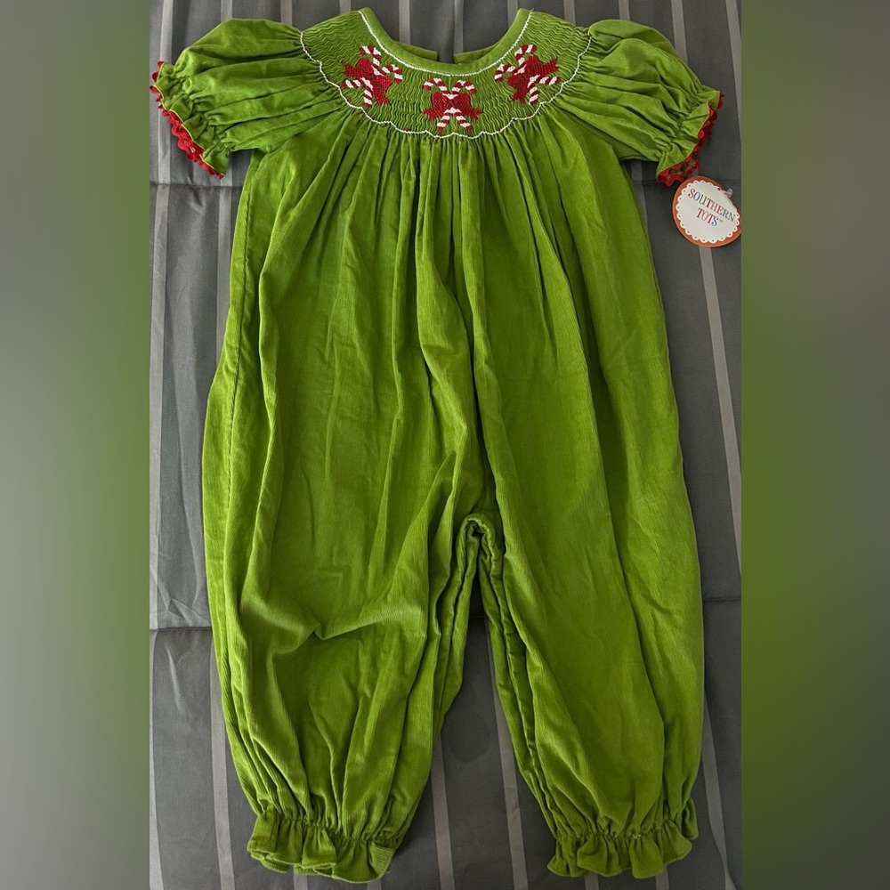 Southern Tots- Vintage Smocked Corduroy Christmas Candy Cane One piece Size 24m